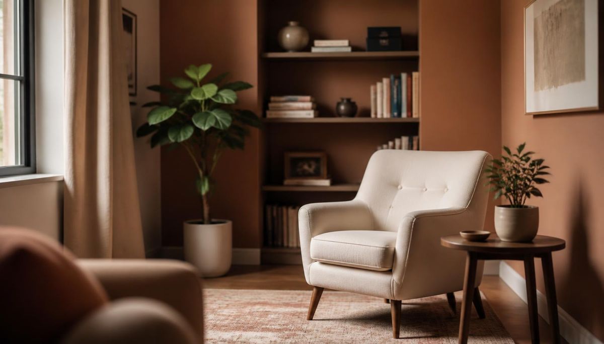 Consultório de psicanálise com poltrona cremosa, janela com luz natural e estante de livros